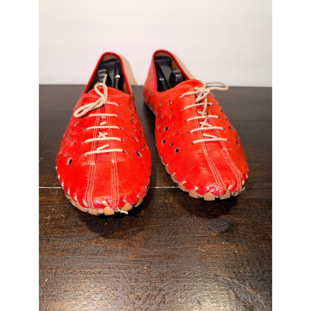 Spring Step Moonwalk Red Leather Lace Up Perforated Slip On‎ Flats Sz 42 10.5-11